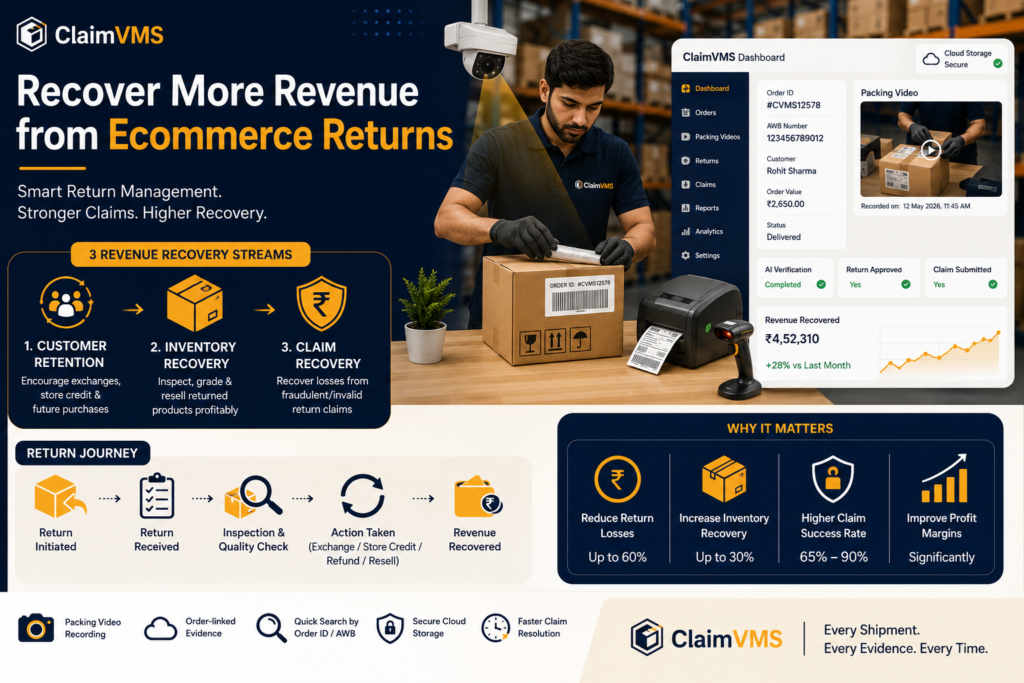 Recover revenue from ecommerce returns using ClaimVMS packing video verification, return management dashboard, warehouse documentation, and claim recovery workflow.