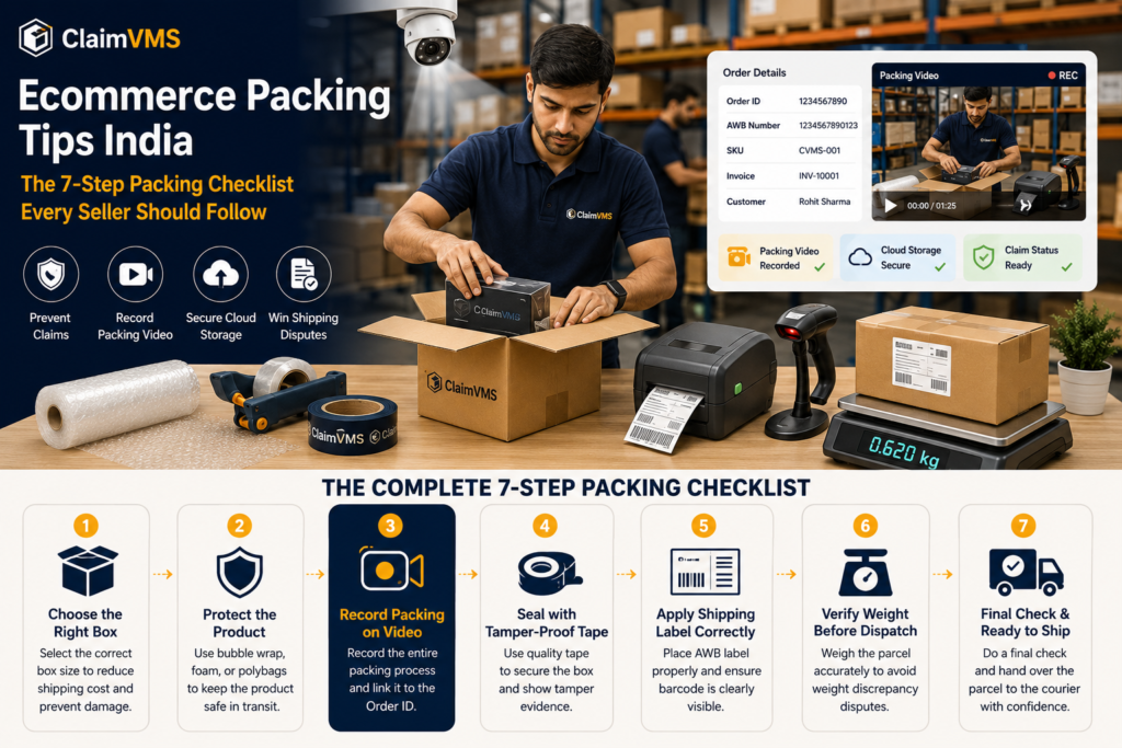 Ecommerce Packing Tips India showing warehouse staff packing orders with ClaimVMS packing video verification, Order ID tracking, AWB label scanning, and secure claim documentation.