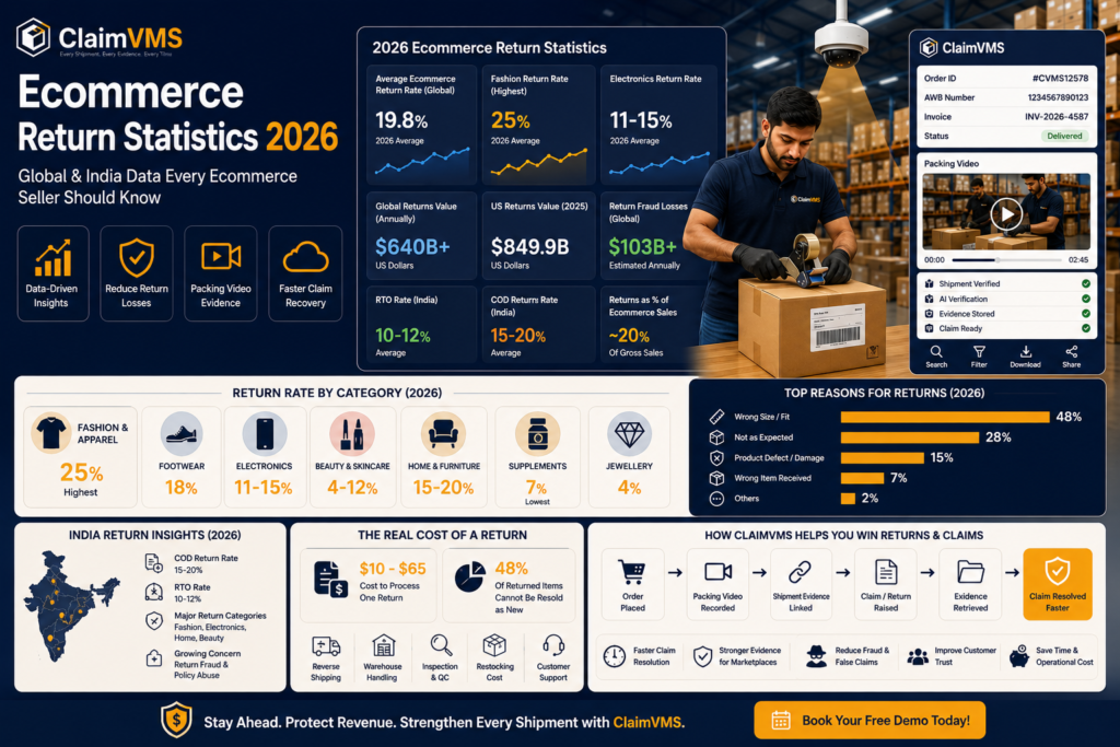 Dashboard showing ecommerce return statistics for 2026 with ClaimVMS analytics, warehouse packing video verification, return fraud insights, and shipment documentation.