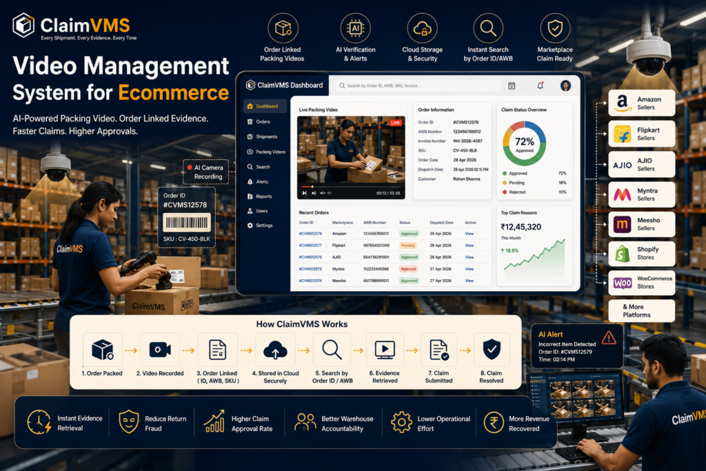 Video Management System for Ecommerce showing ClaimVMS dashboard with AI packing video recording, Order ID search, AWB tracking, warehouse cameras, shipment verification, and cloud video storage.