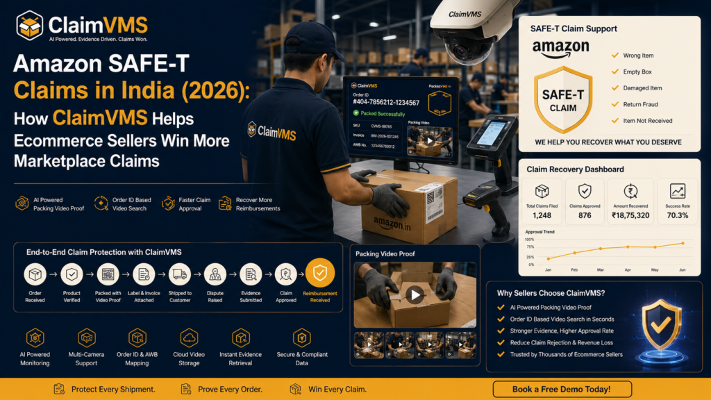 ClaimVMS AI-powered warehouse video management system helping Amazon sellers win SAFE-T claims with packing video proof and Order ID verification