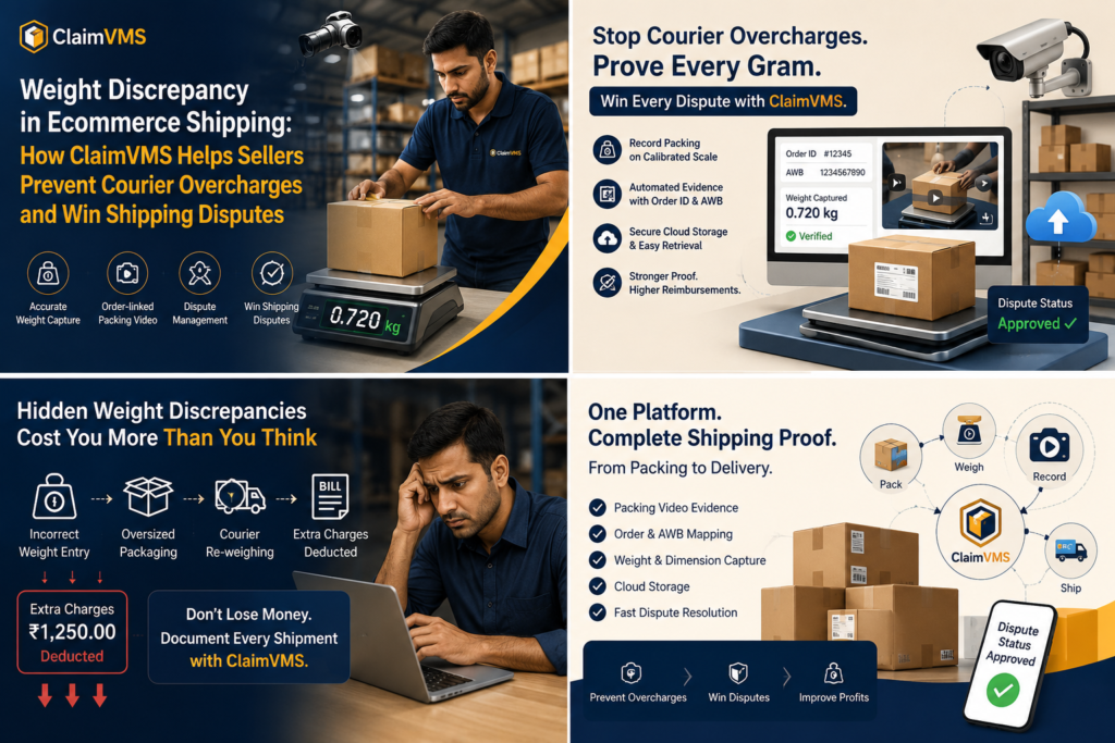 Weight discrepancy in ecommerce shipping showing ClaimVMS recording parcel weight on a calibrated digital scale with packing video, AWB verification, courier dispute management dashboard, and warehouse automation.