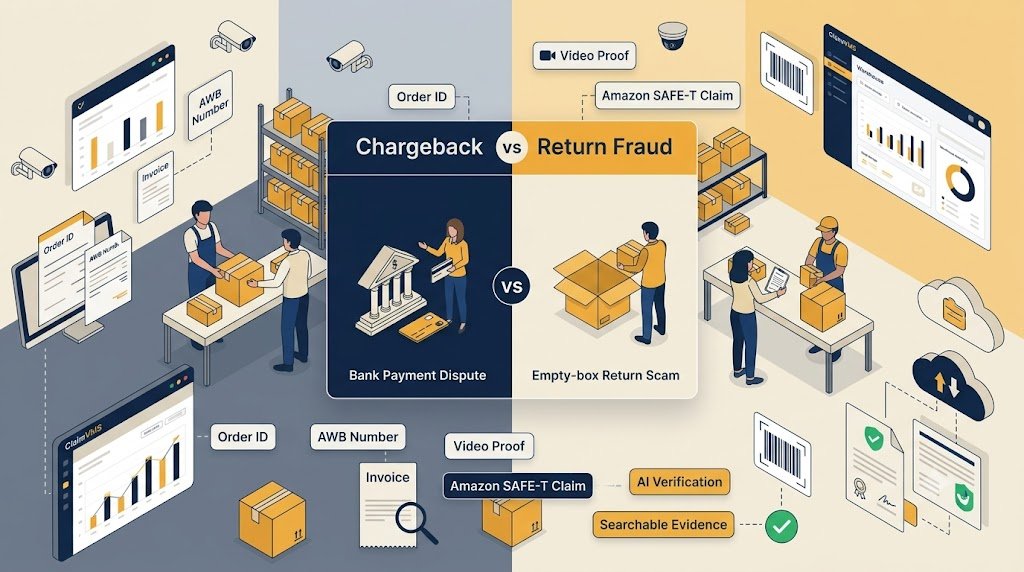 Chargeback vs Return Fraud comparison showing ecommerce seller protected by ClaimVMS packing video evidence and claim management software