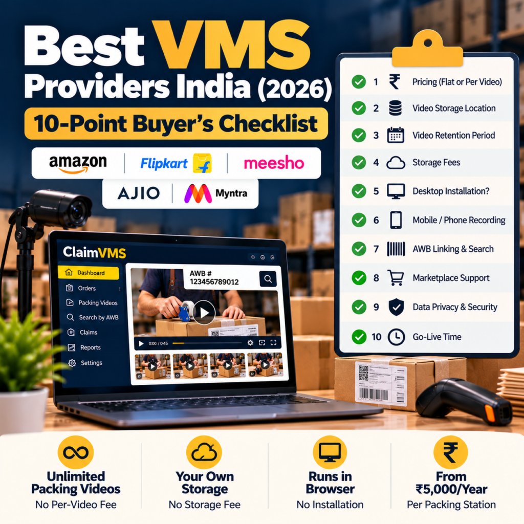 Best VMS providers India ecommerce sellers should compare are not simply the ones with the longest feature list. The right provider should fit your team, help you prepare packing evidence for claims, and offer costs you can plan for as order volume grows. Use this checklist on any VMS provider before you sign up — including ClaimVMS.